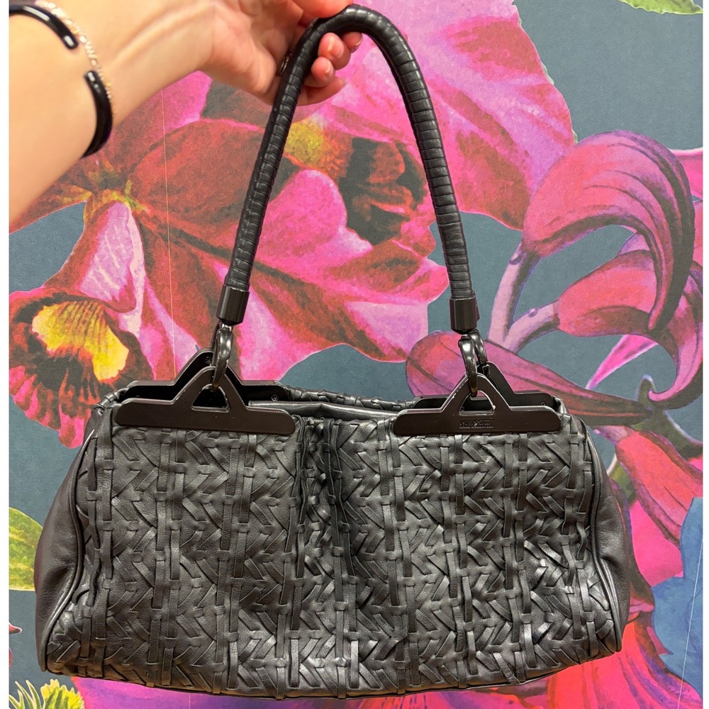 Karl Lagerfeld Black Woven Leather K Logo Shoulder Bag Matte Hardware